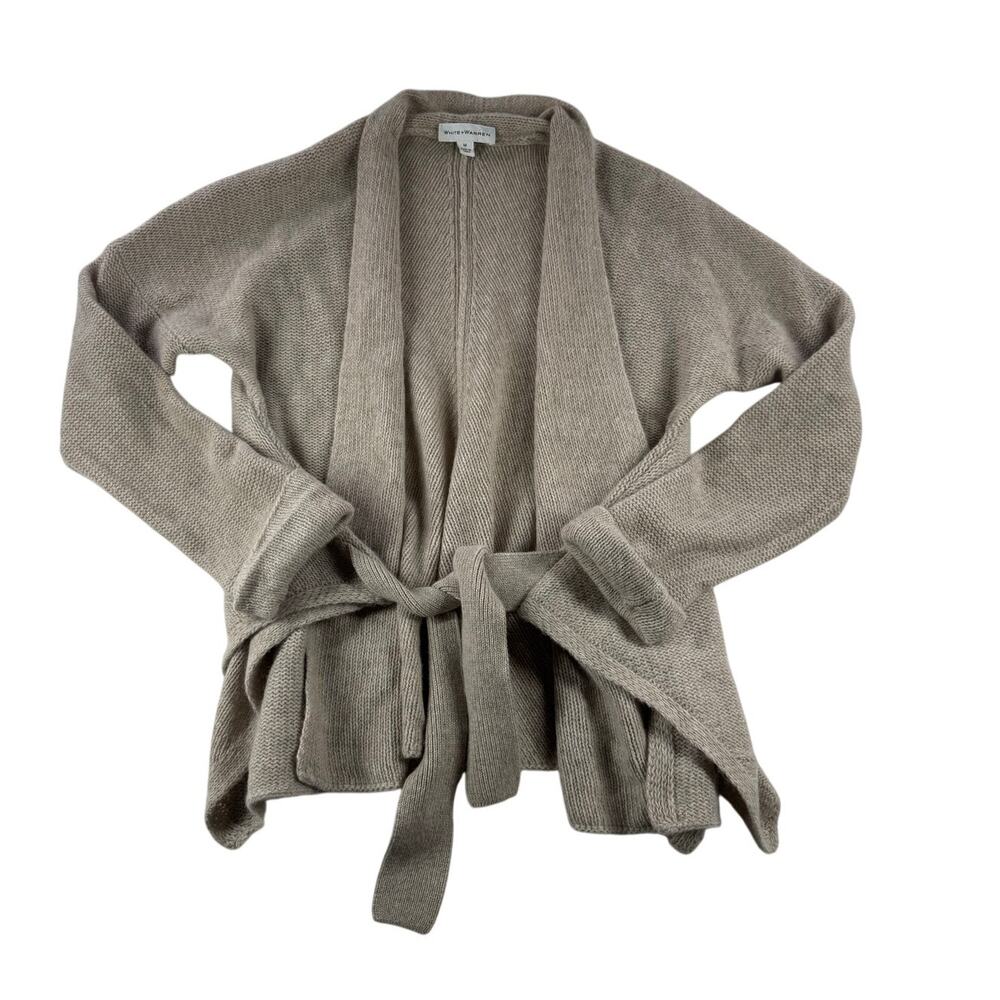 White + Warren Cashmere Wrap Cardigan Sweater M Tan Beige Belted Open Front